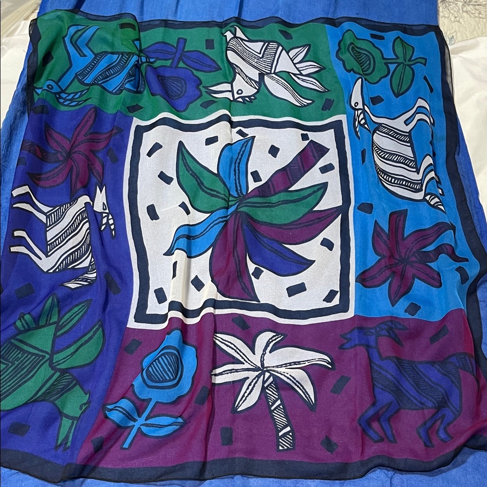 100% Cotton Scarf 29" x 29" Made in Italy Animals Bird Palm Tree Flower